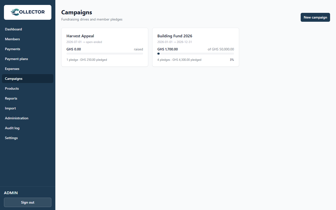 The Campaigns page with progress cards