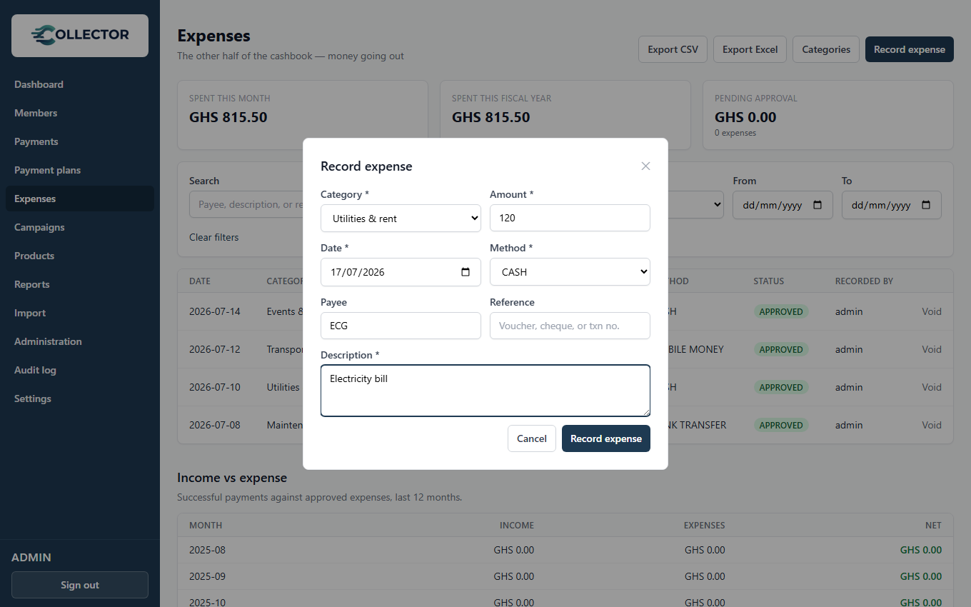 The record-expense form