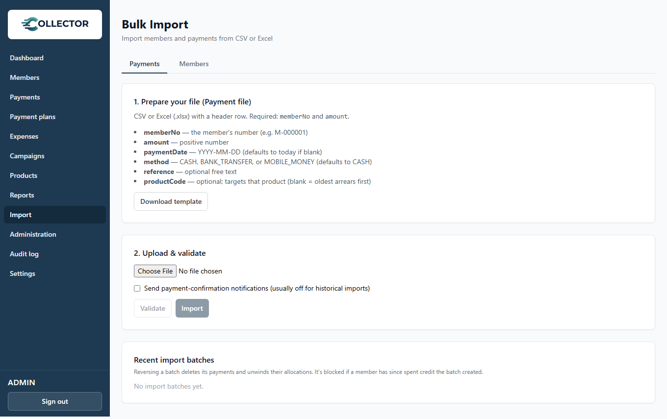 The Import page