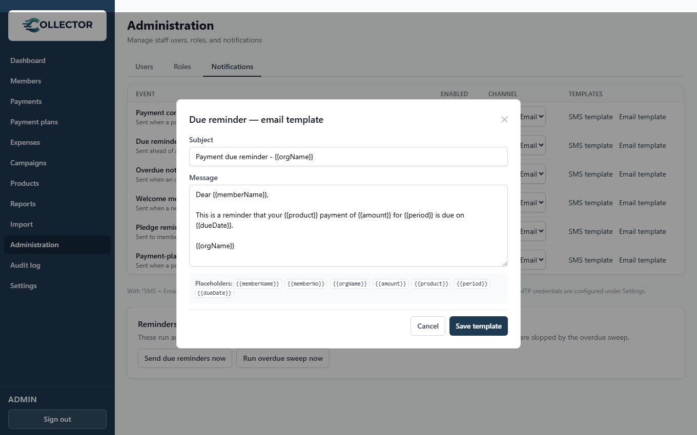 Editing a notification template