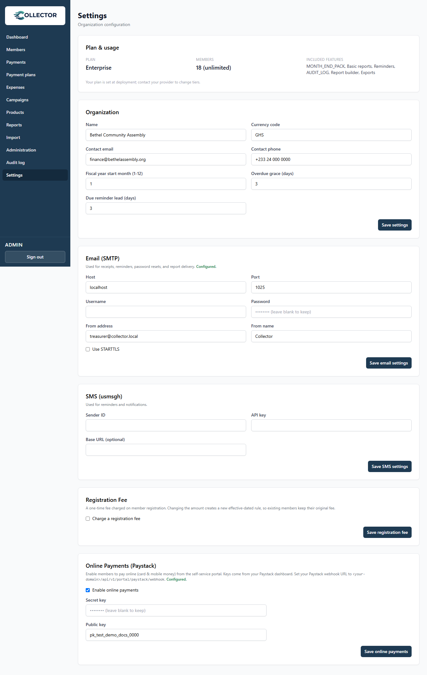 The Settings page