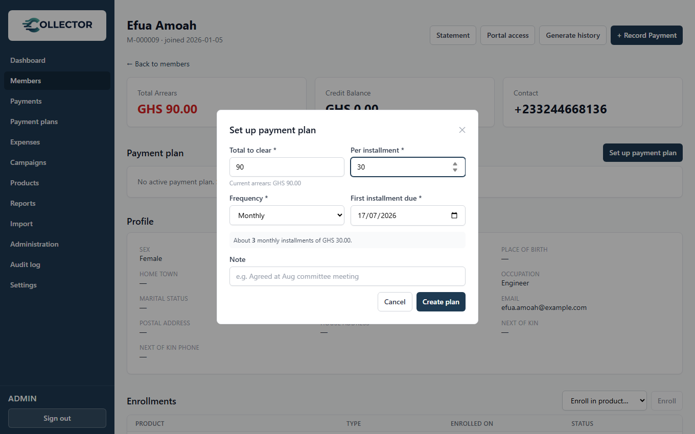 Setting up a payment plan