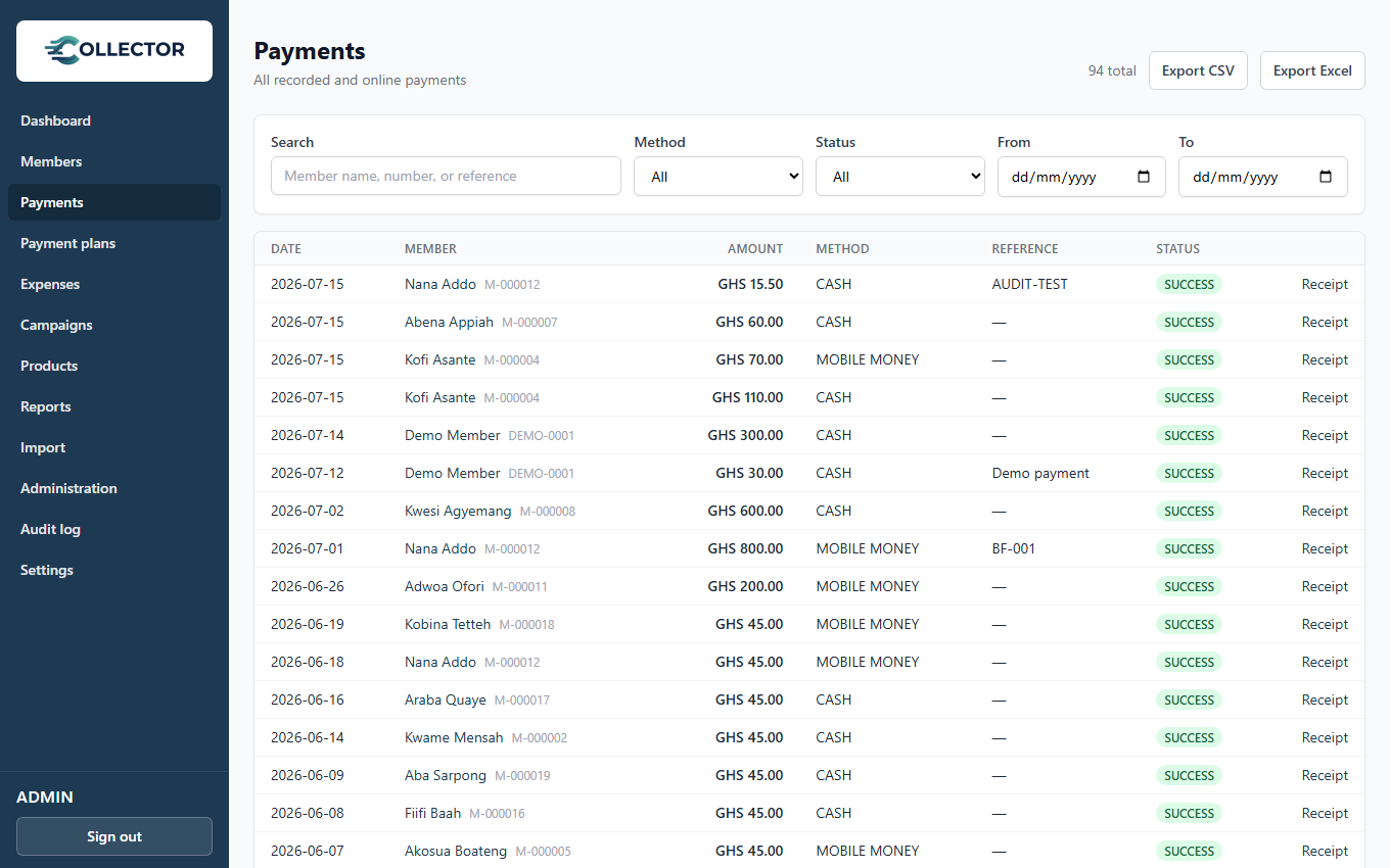 The Payments page with filters and the payment list