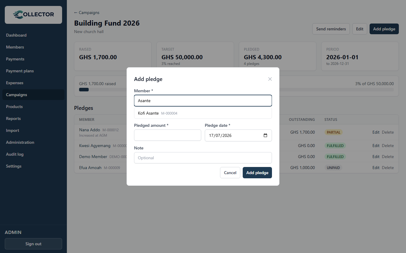 Adding a pledge with member search