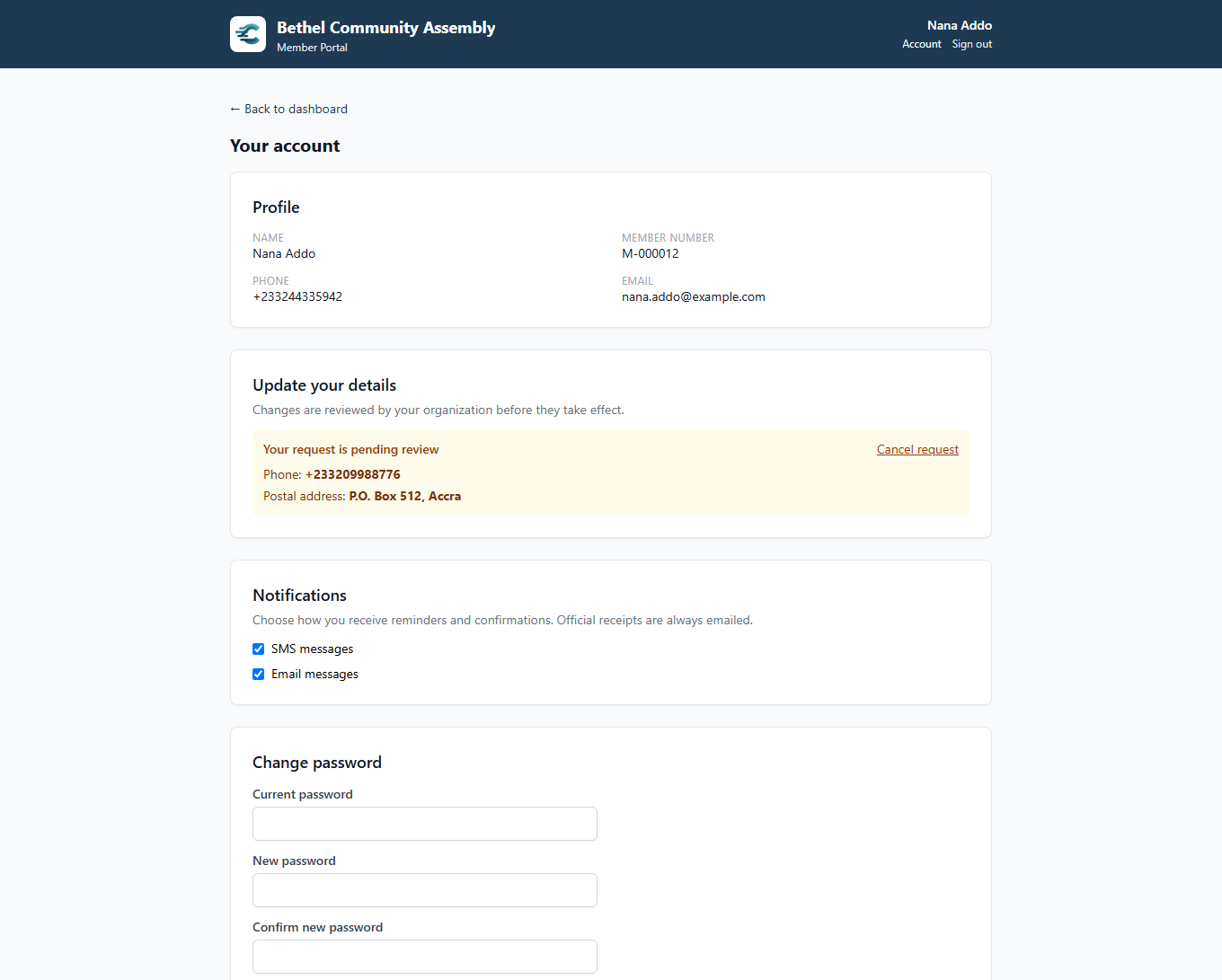 The member account page