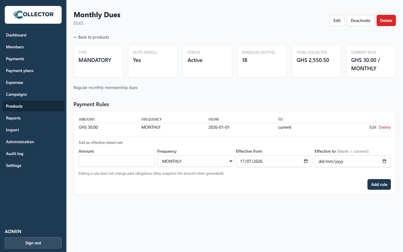 A product’s page with its payment-rule history