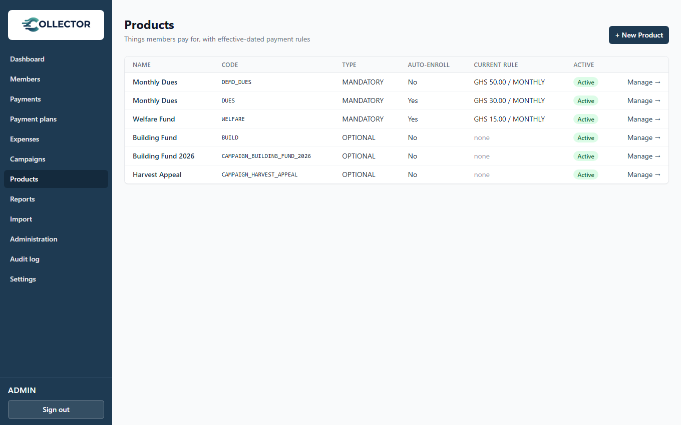 The Products page