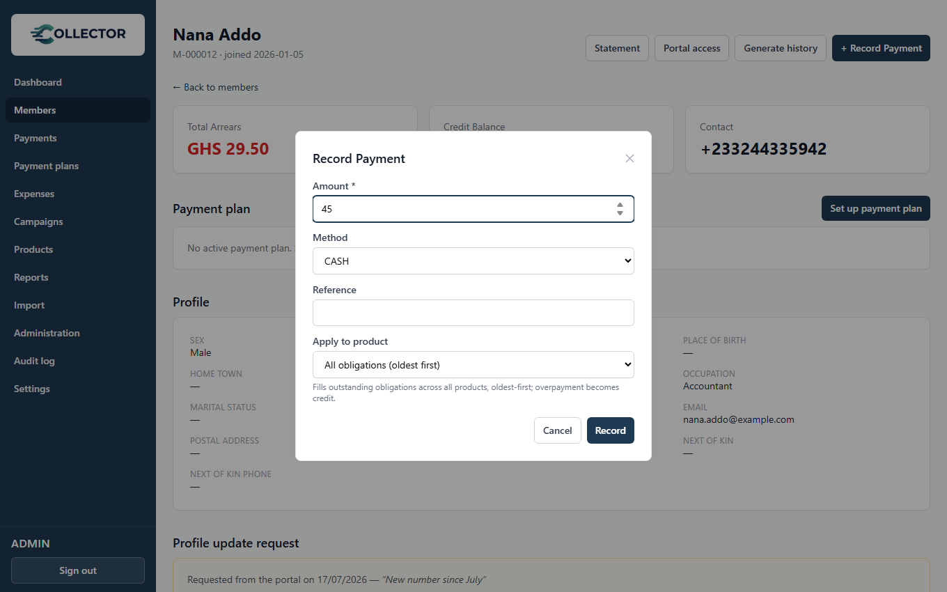 Recording a payment from a member’s page