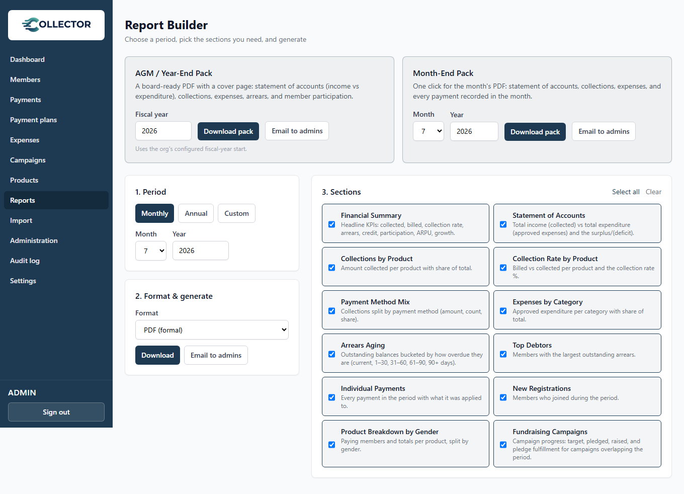 The report builder: period, format, and section selection